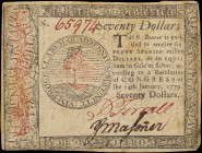 CC-101. Continental Currency. January 14, 1779. $70. Very Fine.

No. 65974. Printed by Hall and Sellers. Black and red ink. Stains.

From the Esta...