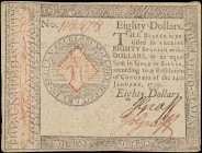 CC-102. Continental Currency. January 14, 1779. $80. Extremely Fine.

No. 118478. Printed by Hall and Sellers. Red and black ink. Pinholes.

From ...