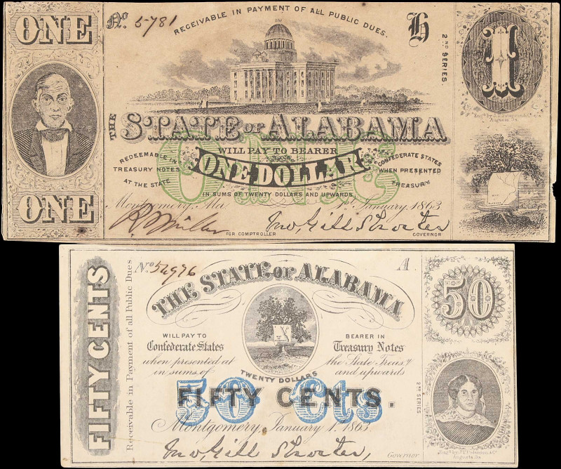 Lot of (2). Montgomery, Alabama. State of Alabama. 1863 50 Cents & $1. Very Fine...