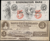 Lot of (2). Stonington & East Haddam, Connecticut. Stonington Bank & Bank of New England. 18xx $3 & $5. Very Fine & Extremely Fine. Remainders.

Ton...
