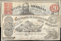 Lot of (2). Shreveport, Louisiana. State of Louisiana. 1863 $5 & $20. Fine to Very Fine.

Edge wear, rust, holes and rust damage on the $5.

From ...