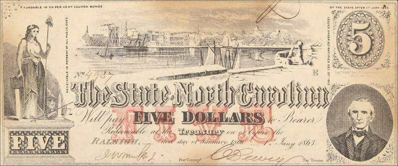 Lot of (2). Raleigh, North Carolina State of North Carolina. 1863 $1 & $5. Very ...