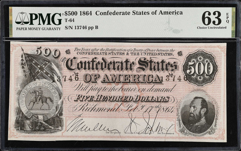 T-64. Confederate Currency. 1864 $500. PMG Choice Uncirculated 63 EPQ.

No. 13...