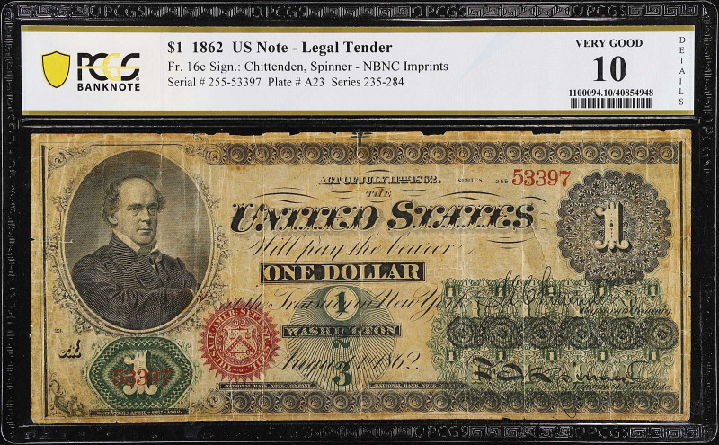 Fr. 16c. 1862 $1 Legal Tender Note. PCGS Banknote Very Good 10 Details. Stained,...