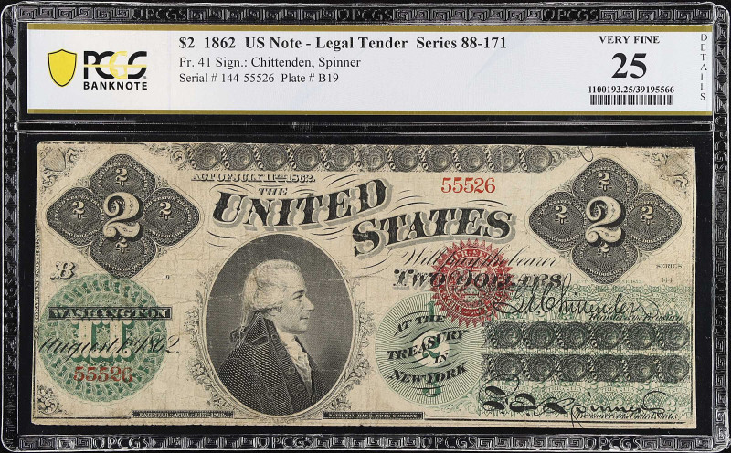 Fr. 41. 1862 $2 Legal Tender Note. PCGS Banknote Very Fine 25 Details. Tears, Sp...