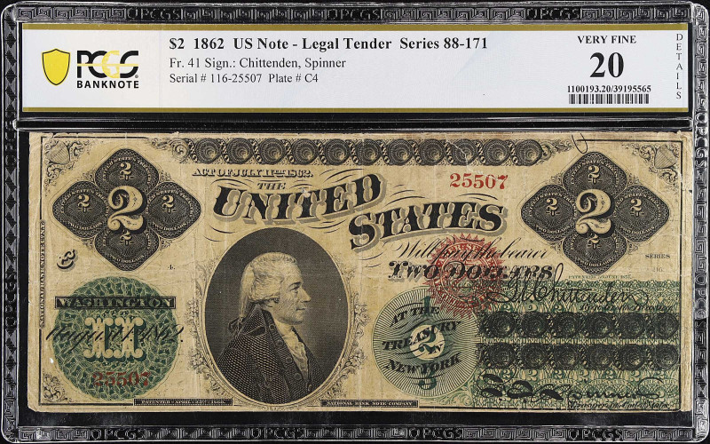 Fr. 41. 1862 $2 Legal Tender Note. PCGS Banknote Very Fine 20 Details. Tear.

...