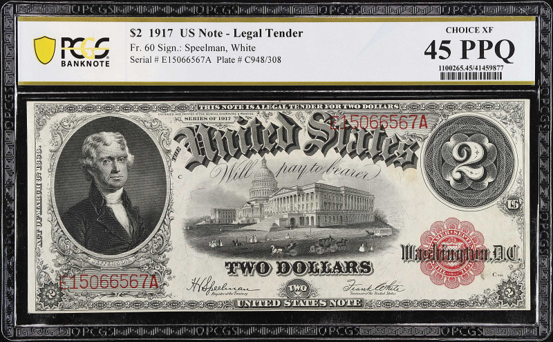 Fr. 60. 1917 $2 Legal Tender Note. PCGS Banknote Choice Extremely Fine 45 PPQ.
...