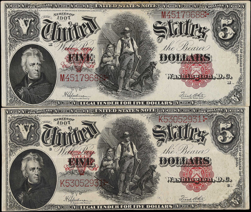 Lot of (2) Fr. 91. 1907 $5 Legal Tender Notes. Very Fine.

This pair of $5 Woo...