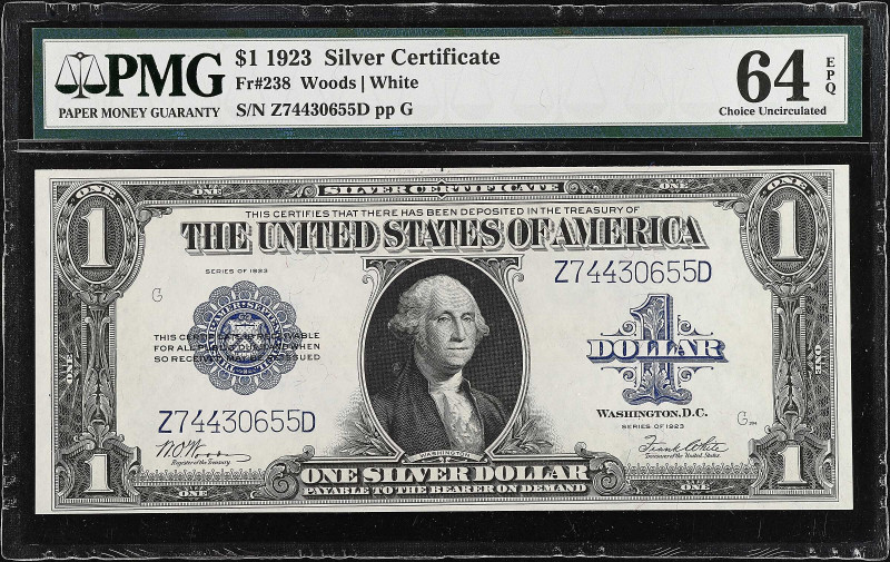 Fr. 238. 1923 $1 Silver Certificate. PMG Choice Uncirculated 64 EPQ.

Estimate...