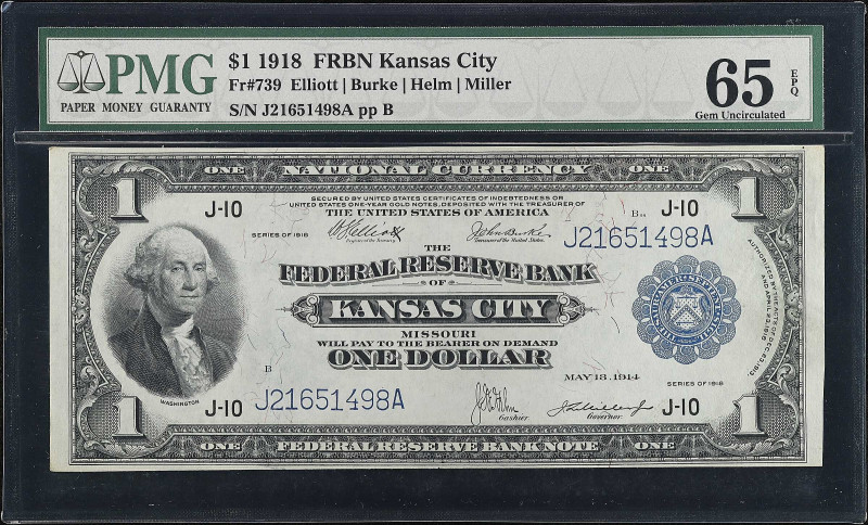 Fr. 739. 1918 $1 Federal Reserve Bank Note. Kansas City. PMG Gem Uncirculated 65...