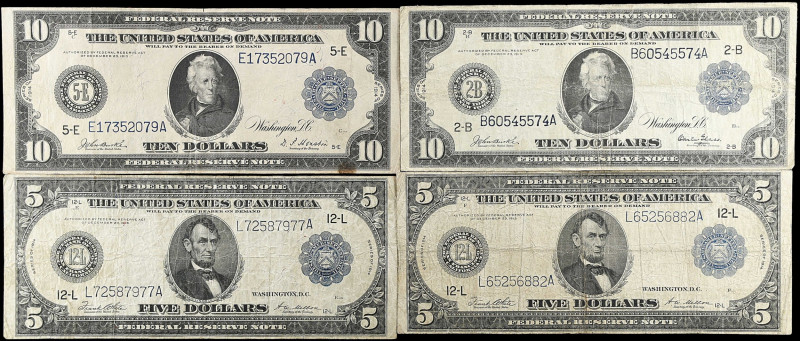 Lot of (4) Fr. 891, 921 & 922. 1914 $5 & $10 Federal Reserve Notes. Fine to Very...