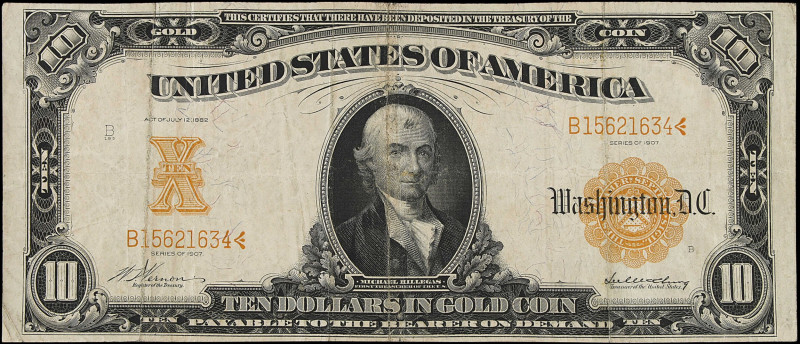 Fr. 1168. 1907 $10 Gold Certificate. Very Fine.

Some heavy folds are seen on ...