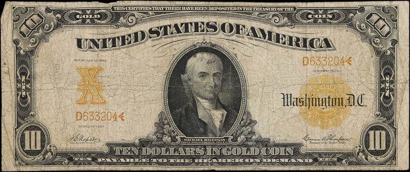 Fr. 1170. 1907 $10 Gold Certificate. Very Good.

A low grade, problem free exa...