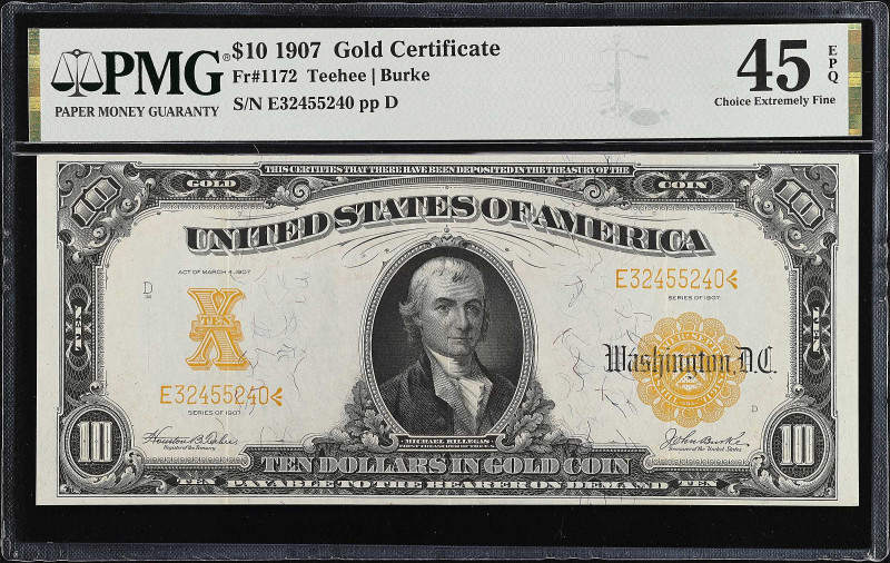 Fr. 1172. 1907 $10 Gold Certificate. PMG Choice Extremely Fine 45 EPQ.

Estima...