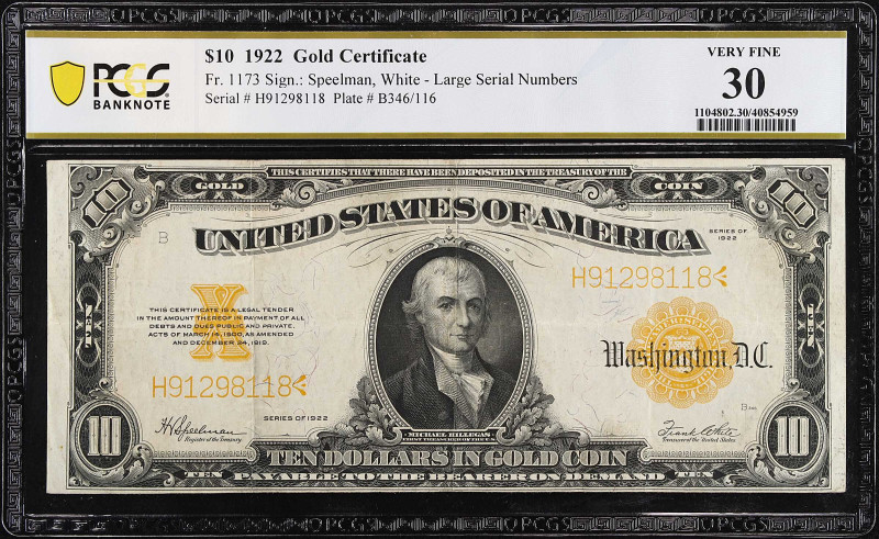 Fr. 1173. 1922 $10 Gold Certificate. PCGS Banknote Very Fine 30.

Large serial...