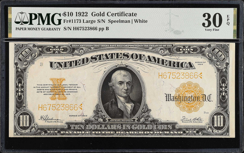 Fr. 1173. 1922 $10 Gold Certificate. PMG Very Fine 30 EPQ.

Estimate: $250 - 3...