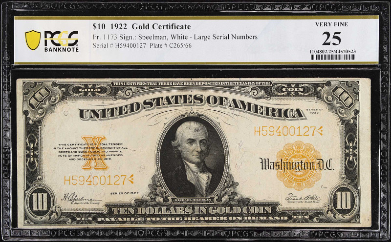 Fr. 1173. 1922 $10 Gold Certificate. PCGS Banknote Very Fine 25.

Large serial...