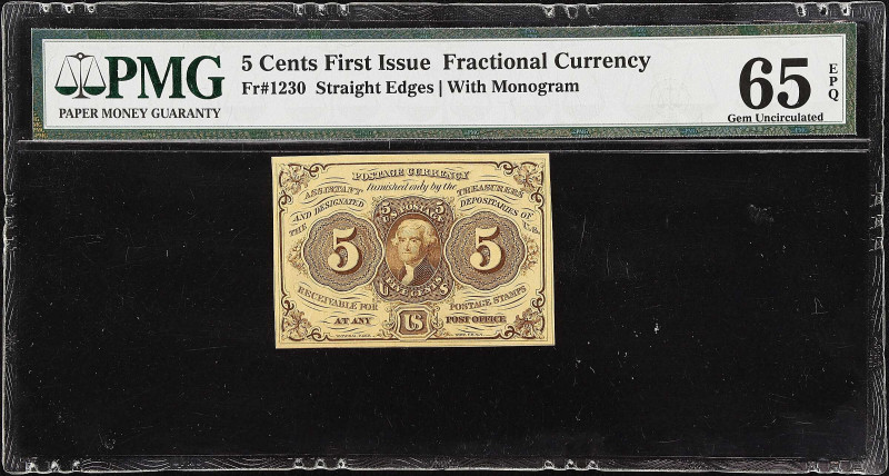 Fr. 1230. 5 Cents. First Issue. PMG Gem Uncirculated 65 EPQ.

Straight edges. ...