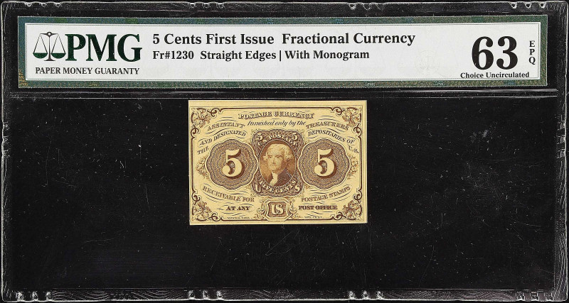 Fr. 1230. 5 Cents. First Issue. PMG Choice Uncirculated 63 EPQ.

Straight edge...