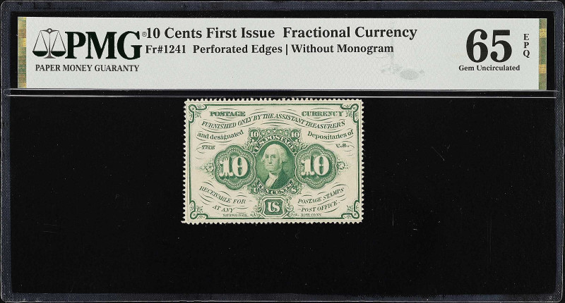 Fr. 1241. 10 Cents. First Issue. PMG Gem Uncirculated 65 EPQ.

Perforated edge...