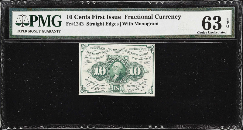 Fr. 1242. 10 Cents. First Issue. PMG Choice Uncirculated 63 EPQ.

Straight edg...