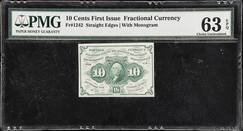 Fr. 1242. 10 Cents. First Issue. PMG Choice Uncirculated 63 EPQ.

Straight edg...