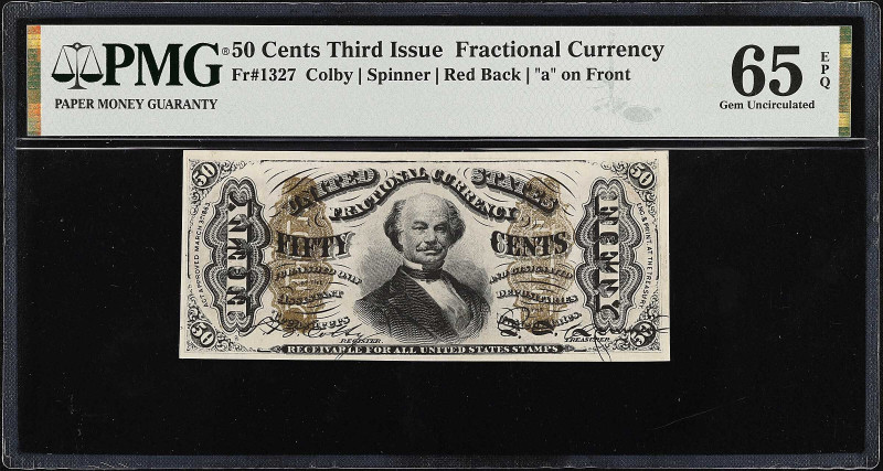 Fr. 1327. 50 Cents. Third Issue. PMG Gem Uncirculated 65 EPQ.

Red back. "a" o...