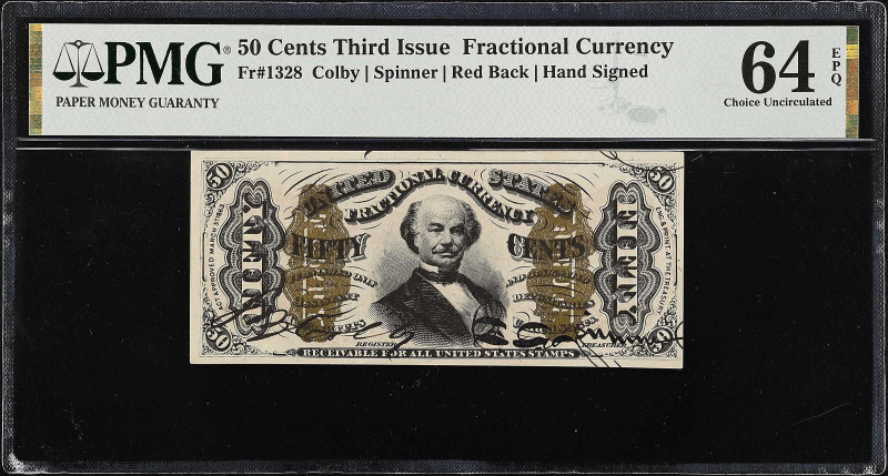 Fr. 1328. 50 Cents. Third Issue. PMG Choice Uncirculated 64 EPQ.

Red back. Ha...