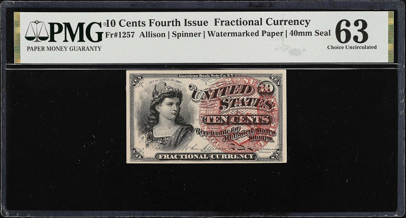 Fr. 1257. 10 Cents. Fourth Issue. PMG Choice Uncirculated 63.

Watermarked pap...