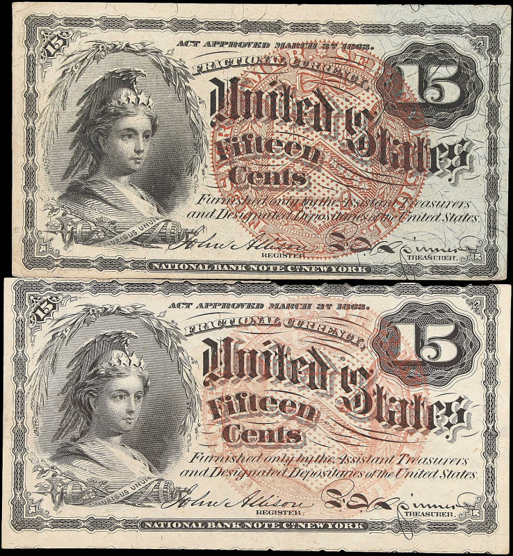 Lot of (2). Fr. 1271 & 1269. 15 Cents. Fourth Issue. About Uncirculated.

Pinh...