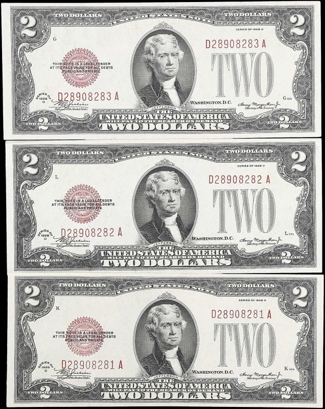 Lot of (3) Fr. 1505. 1928D $2 Legal Tender Notes. Uncirculated. Consecutive.

...