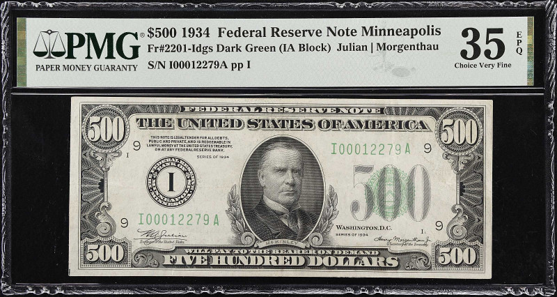 Fr. 2201-Idgs. 1934 $500 Federal Reserve Note. Minneapolis. PMG Choice Very Fine...