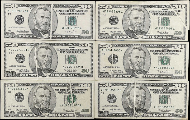 Lot of (6). Fr. 2126-F, 2126-G, 2126-H & 2126-L. 1996 $50 Federal Reserve Notes....