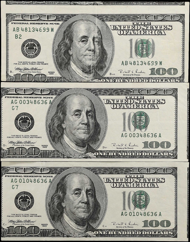 Lot of (3). Fr. 2175-B & 2175-G. 1996 $100 Federal Reserve Notes. Very Fine to E...