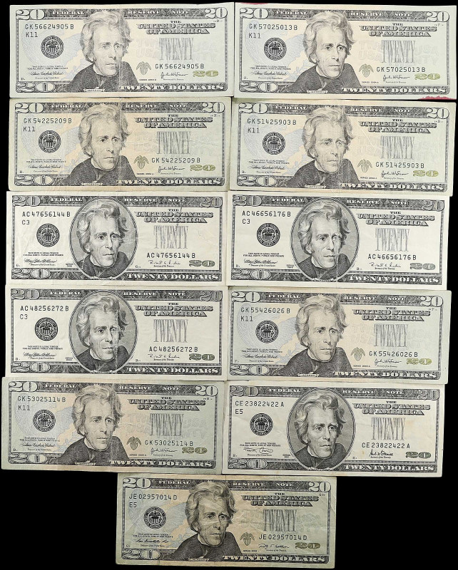 Lot of (11). Fr. 2083-C, 2087-E, 2092-K, & 2095-E. 1996-2009 $20 Federal Reserve...