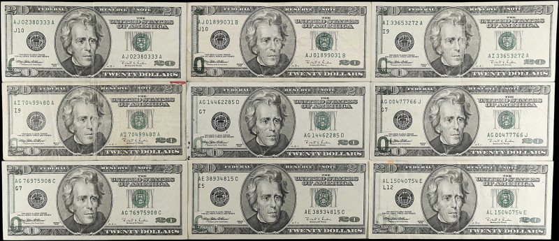 Lot of (9). Fr. 2084-E, 2084-G, 2084-I, 2084-J, & 2084-L. 1996 $20 Federal Reser...