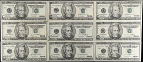 Lot of (9). Fr. 2084-E, 2084-G, 2084-I, 2084-J, & 2084-L. 1996 $20 Federal Reserve Notes. Very Fine to Extremely Fine. Offsets.

Estimate: $300 - 50...