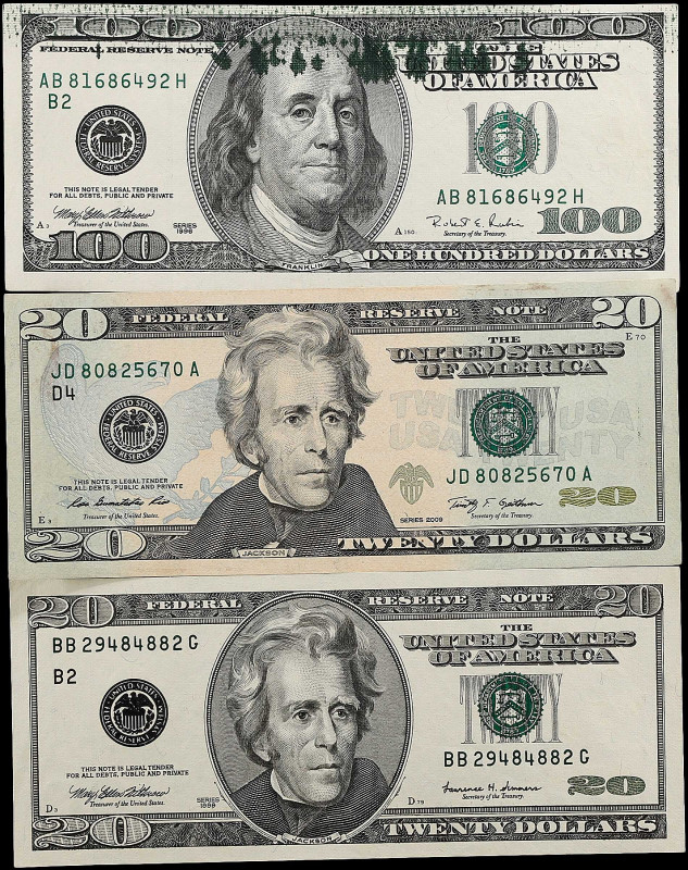 Lot of (3). Fr. 2085-B, 2095-D & 2175-B. 1996-2009 $20 & $100 Federal Reserve No...