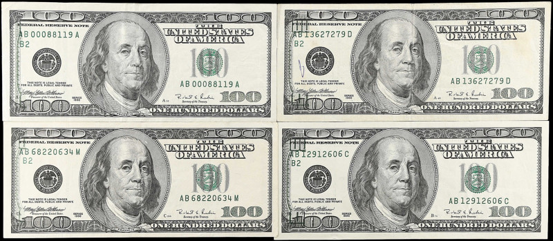 Lot of (4). Fr. 2175-B. 1996 $100 Federal Reserve Notes. New York. Very Fine. Of...