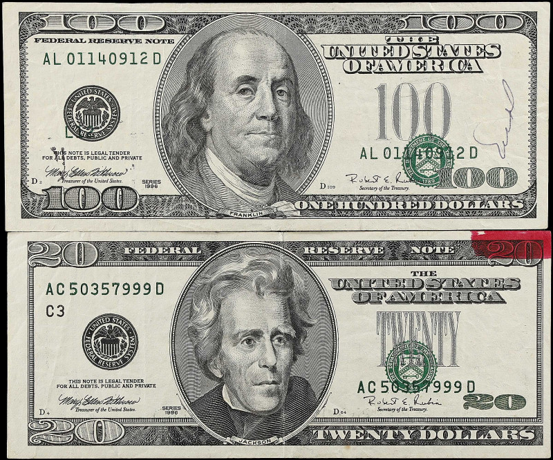 Lot of (2). Fr. 2083-C & 2175-L. 1996 $20 & $100 Federal Reserve Notes. Very Fin...