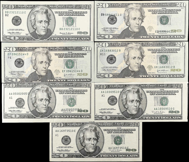 Lot of (7). Fr. 2083-A, 2085-B, 2089-D, 2089-F & 2092-K. 1996-2004A $20 Federal ...