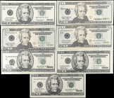 Lot of (7). Fr. 2083-A, 2085-B, 2089-D, 2089-F & 2092-K. 1996-2004A $20 Federal Reserve Notes. Very Fine to About Uncirculated. Misaligned Face.

Es...