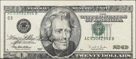 Fr. 2083-C. 1996 $20 Federal Reserve Note. Philadelphia. Very Fine. Misaligned Face. Courtesy Autograph.

Ink.

Estimate: $80 - 120