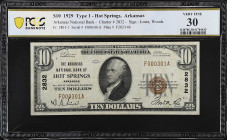 Hot Springs, Arkansas. $10 1929 Ty. 1. Fr. 1801-1. The Arkansas NB. Charter #2832. PCGS Banknote Very Fine 30.

An elusive Type 1 $10 to locate from...