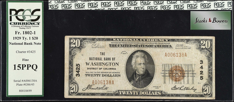 Washington, District of Columbia. $20 1929 Ty. 1. Fr. 1802-1. NB. Charter #3425....