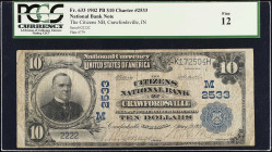Crawfordsville, Indiana. $10 1902 Plain Back. Fr. 633. The Citizens NB. Charter #2533. PCGS Currency Fine 12.

From the Estate of Graydon Lee Cook....