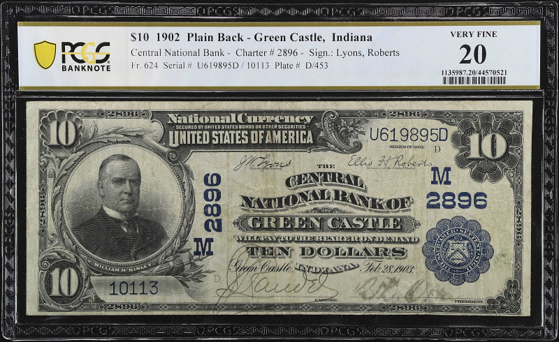 Green Castle, Indiana. $10 1902. Fr. 624. The Central NB. Charter #2896. PCGS Ba...