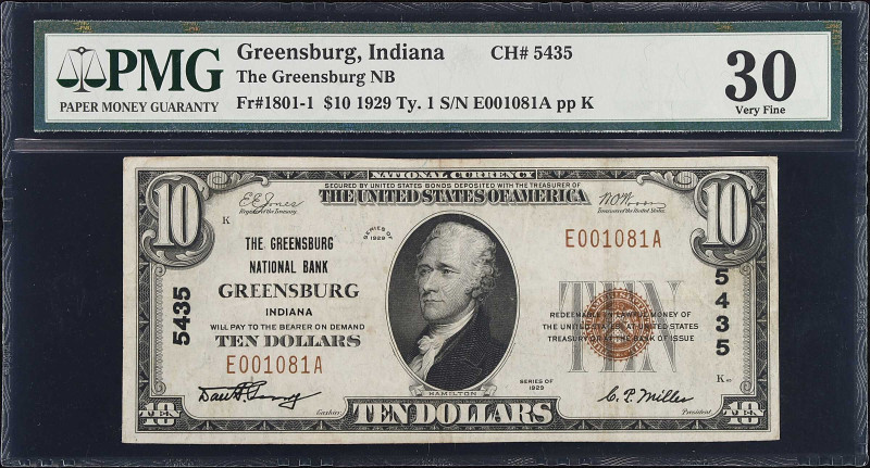 Greensburg, Indiana. $10 1929 Ty. 1. Fr. 1801-1. The Greensburg NB. Charter #543...