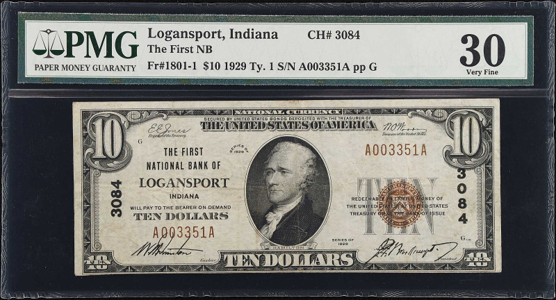 Logansport, Indiana. $10 1929 Ty. 1. Fr. 1801-1. The First NB. Charter #3084. PM...
