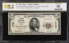 Marion, Indiana. $5 1929 Ty. 1. Fr. 1800-1. The Marion NB. Charter #7758. PCGS Banknote Very Fine 30.

From the Estate of Graydon Lee Cook.

Estim...